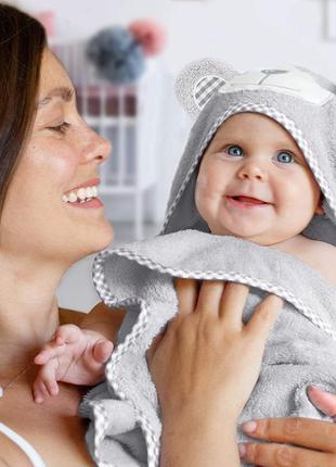 Детское полотенце с капюшоном - полотенце уголок - серый мишка2 фото