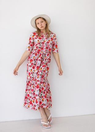 Платье ярусами пестрое красные цветы софт
