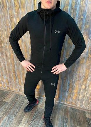 Стильний чоловічий легкий спортивний костюм under armour чорний з капюшоном1 фото