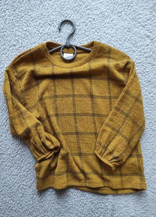 Блузка пуловер горчичная в клетку жатка1 фото
