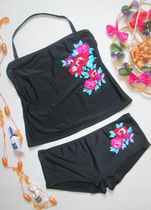 Шикарный раздельный купальник танкини батал с цветочной аппликацией resort 07-21 🍒🍹🍒