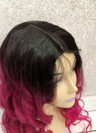 Парик на сетке lace wig малиновый длинный кудрявый омбре + шапочка под парик в подарок!6 фото