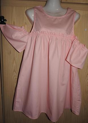 Розовое платье спущенный рукав шелестящий хлопок р м рожева сукня бавовна