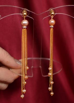 Сережки - ланцюжки з рожевим перлами 'жозефіна'2 фото