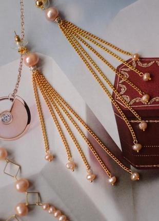 Сережки - ланцюжки з рожевим перлами 'жозефіна'1 фото
