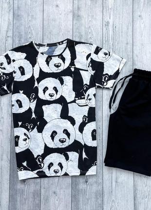 Комплект спортивный повседневный футболка с принтом панды + шорты