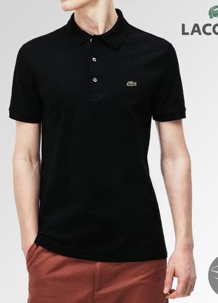 Стильная мужская трикотажная футболка поло lacoste черная с воротником