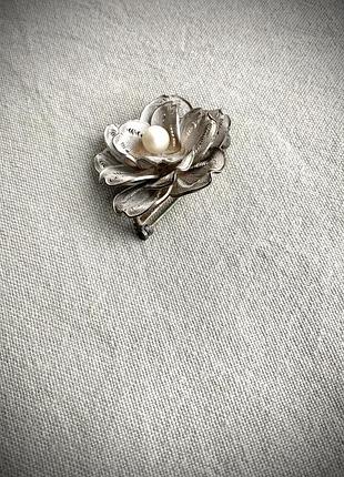 Брошка срібло🇯🇵перли вінтаж квітка філігрань 3
