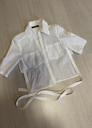 Рубашка хлопковая белая укороченая с завязками1 фото