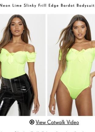 Неоновое боди prettylittlething neon lime slinky frill4 фото