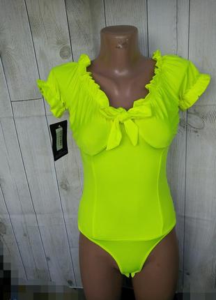 Неоновое боди prettylittlething neon lime slinky frill1 фото