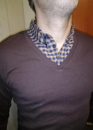 Стильный мужской тонкий хб свитер с рубашкой! коричневый2 фото