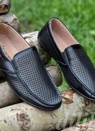 Мужские туфли летние кожаные черные - чоловічі туфлі літні шкіряні чорні3 фото