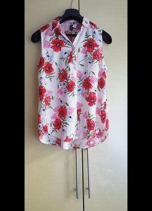 Легка літня блузка/сорочка без рукавів з квітами маки квітковий принт віскоза