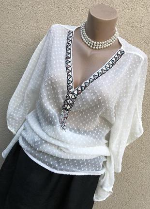 Белая блуза-пончо,туника,разлетайка,пляжная,вышивка бисером,индия,этно,бохо стиль1 фото