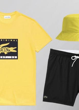 Летний спортивный костюм комплект плавательные шорты футболка лакоста желтый1 фото