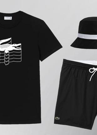 Літній спортивний костюм комплект плавальні шорти футболка чорний lacoste