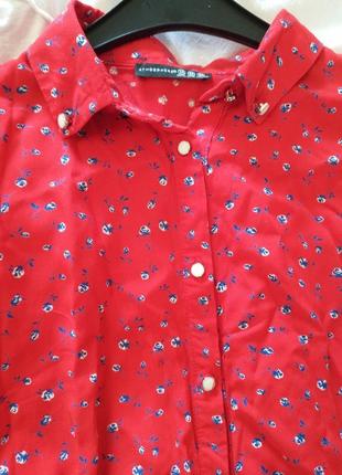 Красная рубашка в мелкий цветочек оверсайз рукава летучая мышь на лето натуральная ткань1 фото