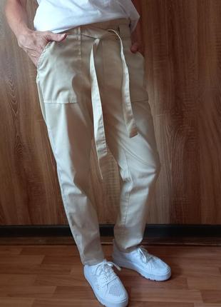 Женские бежевые летние брюки мом на резинке, хлопок, германия6 фото