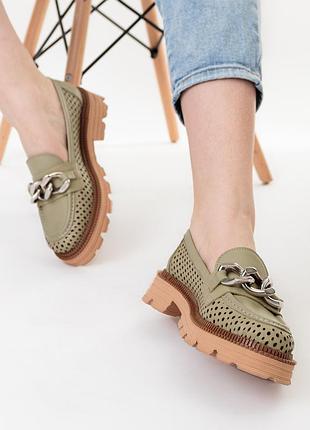 Туфли кожаные с перфорацией зеленые 919тz-в