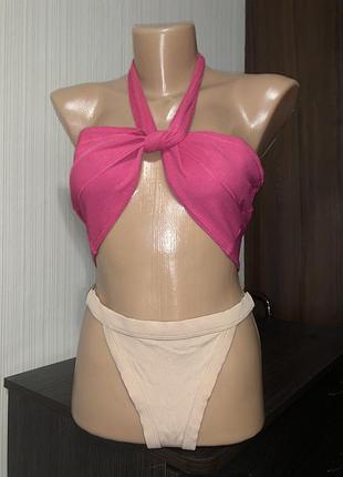 Купальник рубчик збірка бежевий рожевий