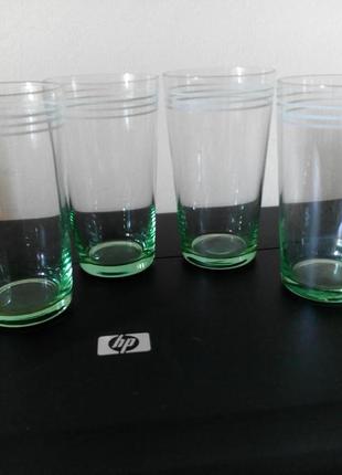 Набор стаканчиков 150 грамм зеленые с белыми полосами тонкое стекло 60 гг.  ссср