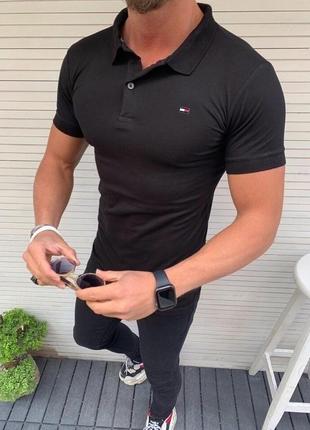 Стильная мужская трикотажная футболка поло черная с воротником