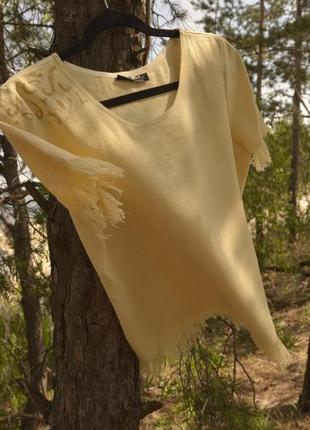Лляна футболка блузка молочна з бахромою в стилі бохо2 фото