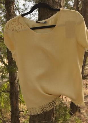 Лляна футболка блузка молочна з бахромою в стилі бохо1 фото