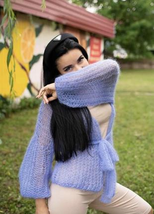 Вязаный летний кардиган из мохера лёгкий паутинка с поясом