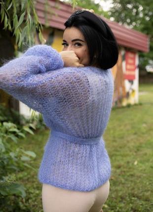 Вязаный летний кардиган из мохера лёгкий паутинка с поясом