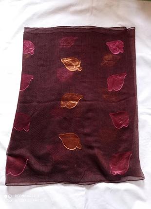 Коричневый шелковый шарф большой красивейший шоколадный с листочками шелк 💯 палантин порео