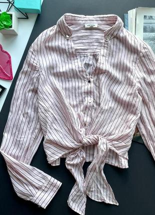 👚стильная нежно розовая рубашка в полоску/полосатая рубашка с завязками на талии👚6 фото