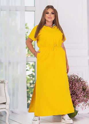 Платье с капюшоном длинное с розрезом натуральный лен