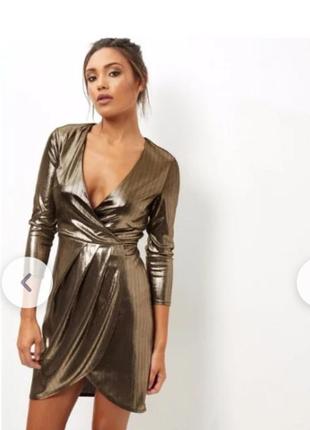 Мини платье золотое металлик v-вырез складки блестящее