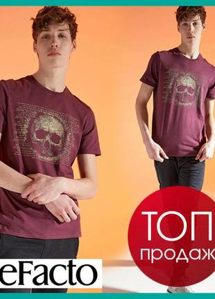 Бордовая мужская футболка defacto/дефакто с принтом-череп