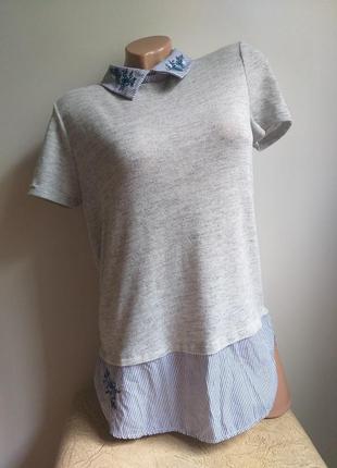 Необычная футболка-рубашка. вязаная футболка. рубашка в полоску с вышивкой.