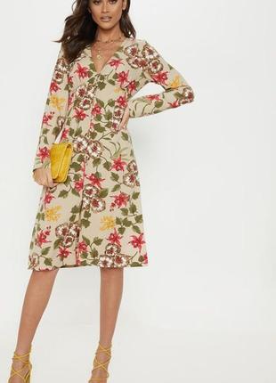 Шикарне плаття –міді з ґудзиками в квітковий принт prettylittlething в ідеалі2 фото