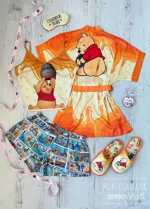 Шелковая пижама и халат с принтом winnie pooh6 фото