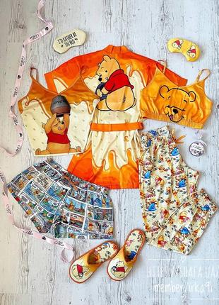 Шелковая пижама и халат с принтом winnie pooh