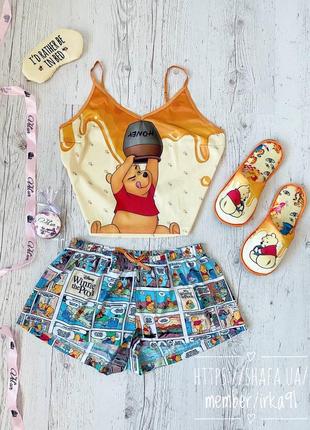 Шелковая пижама и халат с принтом winnie pooh3 фото