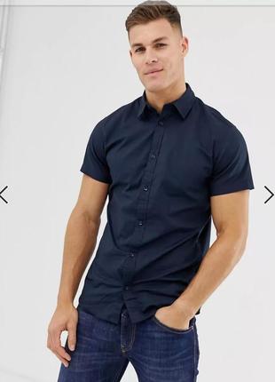 Jack & jones темно-синя сорочка з короткими рукавами відмінна якість