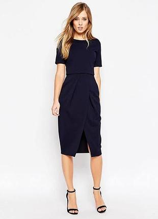 Asos темно синее платье  на хапах с разрезом миди