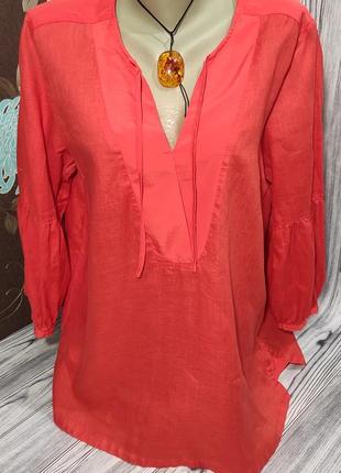 Блузка з льону р.50-52 коралова льонова жіноча блузка сорочка manor