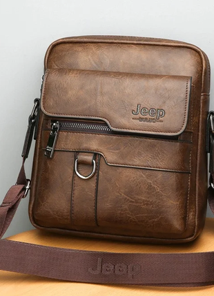 Мужская чоловіча кожаная коричневая сумка барсетка сумка-планшет для мужчин jeep