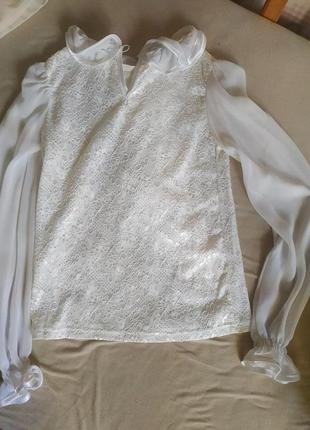 Кружевная школьная белая блуза с длинными рукавами2 фото