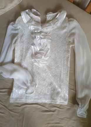 Кружевная школьная белая блуза с длинными рукавами3 фото