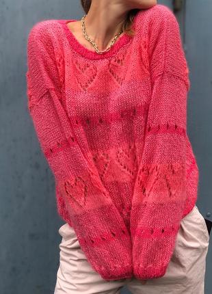 Свитер оверсайз сердечки коралл розовый фуксия светр тренд эксклюзивный дизайнерский7 фото