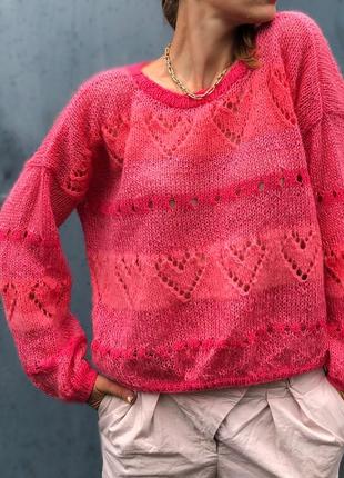Свитер оверсайз сердечки коралл розовый фуксия светр тренд эксклюзивный дизайнерский5 фото