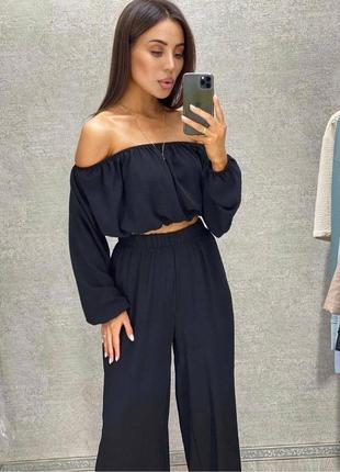 Літній костюм топ відкриті плечі довгі брюки американський жатий креп брючний кюлоти палаццо